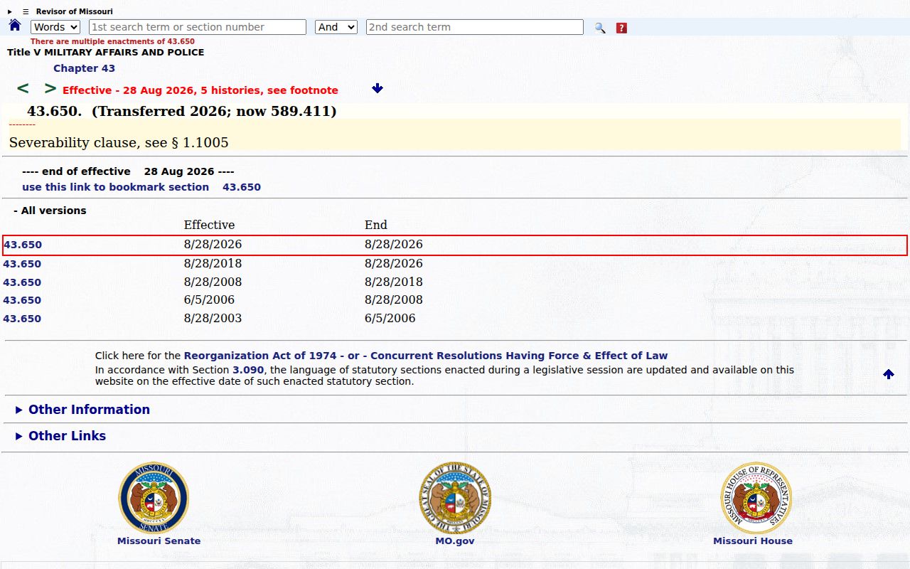 DeKalb County sex offender registry profile fields under Missouri section 43.650